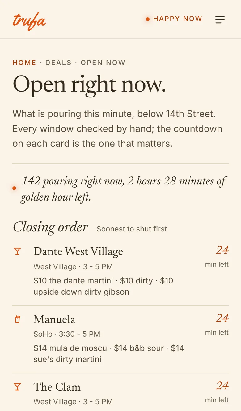 Screenshot: Open right now: every bar pouring, soonest to close first