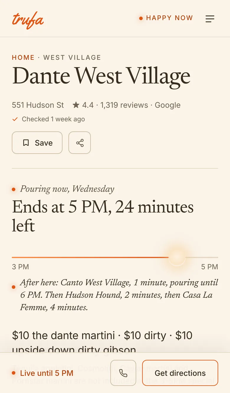 Screenshot: A bar’s page: Dante West Village