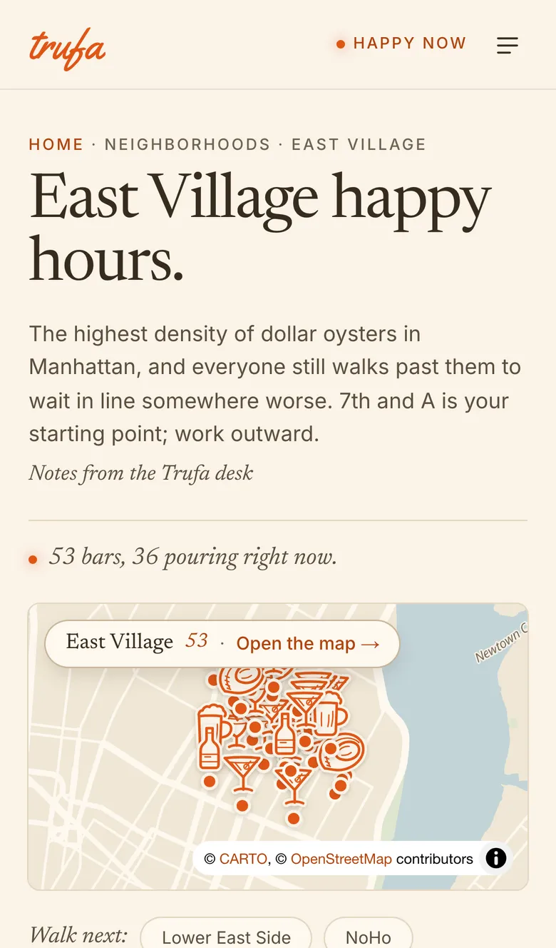 Screenshot: A neighborhood’s page: East Village happy hours